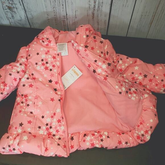 NWT, Gymboree Toddler puffer coat, Sz 18-24m, Pink Stars Print, ruffle bottom. - Picture 7 of 10